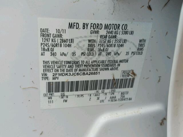 2FMDK3JC6CBA26851 - 2012 FORD EDGE WHITE photo 10