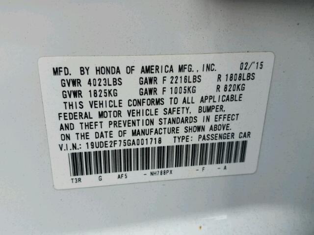 19UDE2F75GA001718 - 2016 ACURA ILX WHITE photo 10