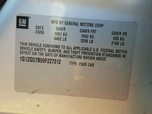 1G1ZG57B99F227312 - 2009 CHEVROLET MALIBU LS SILVER photo 10