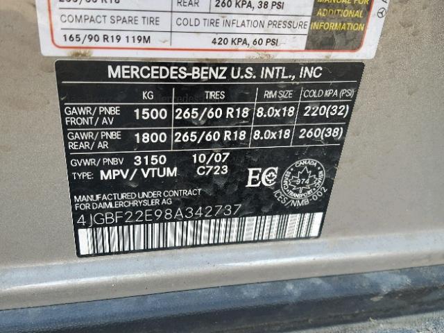 4JGBF22E98A342737 - 2008 MERCEDES-BENZ GL 320 CDI GRAY photo 10