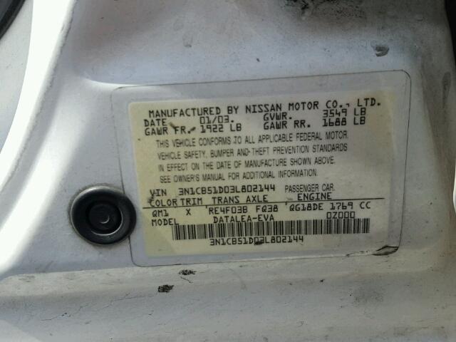 3N1CB51D03L802144 - 2003 NISSAN SENTRA XE WHITE photo 10