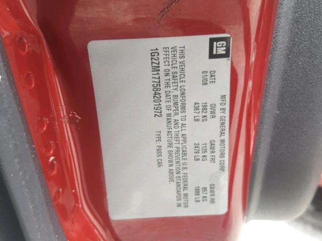 1G2ZM177584201972 - 2008 PONTIAC G6 GXP RED photo 10