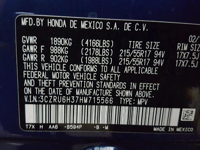 3CZRU6H37HM715566 - 2017 HONDA HR-V LX BLUE photo 10