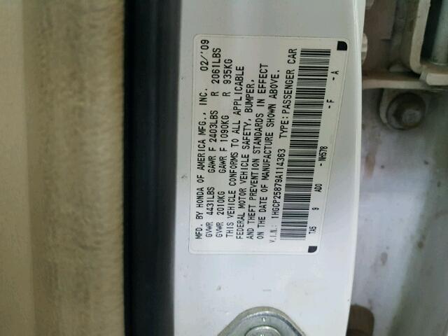 1HGCP25879A114363 - 2009 HONDA ACCORD EXL WHITE photo 10