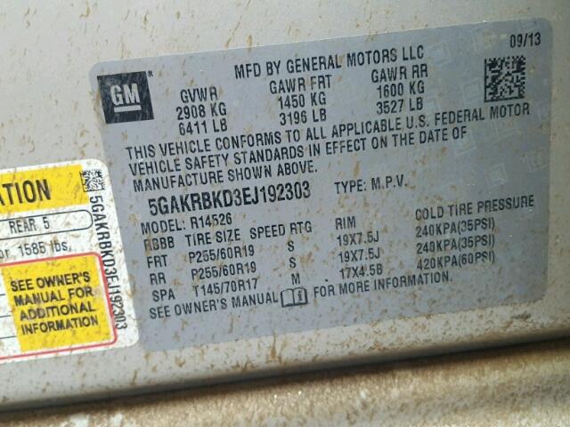 5GAKRBKD3EJ192303 - 2014 BUICK ENCLAVE TAN photo 10