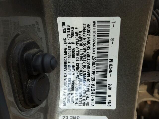 1HGFA16556L070067 - 2006 HONDA CIVIC LX GRAY photo 10