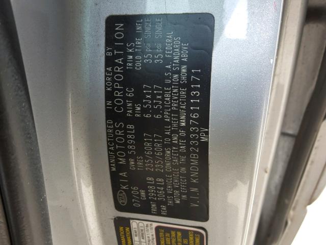 KNDMB233376113171 - 2007 KIA SEDONA EX GRAY photo 10