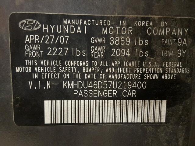 KMHDU46D57U219400 - 2007 HYUNDAI ELANTRA GL GRAY photo 10