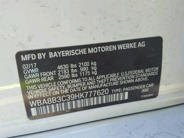 WBA8B3C39HK777620 - 2017 BMW 340 I WHITE photo 10