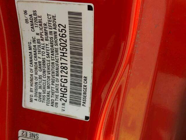 2HGFG12817H502652 - 2007 HONDA CIVIC EX RED photo 10