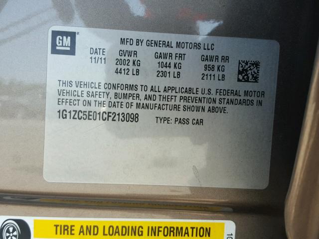 1G1ZC5E01CF213098 - 2012 CHEVROLET MALIBU 1LT GRAY photo 10