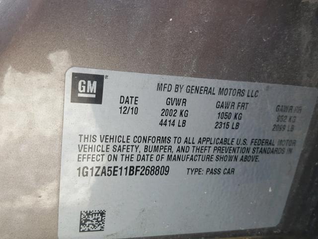 1G1ZA5E11BF268809 - 2011 CHEVROLET MALIBU LS Qəhvəyi foto 10