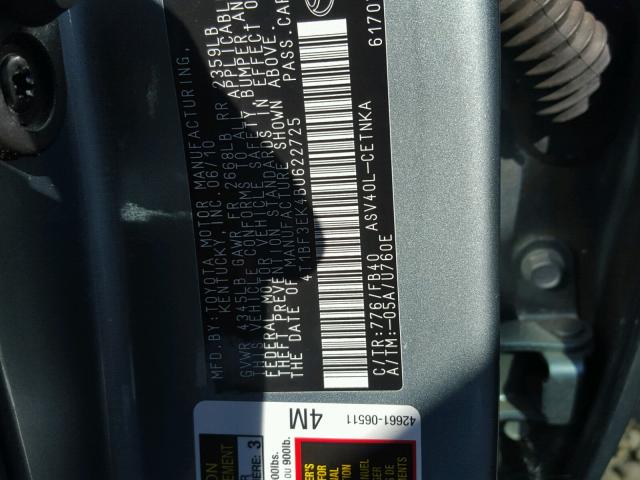 4T1BF3EK4BU622725 - 2011 TOYOTA CAMRY BASE GREEN photo 10