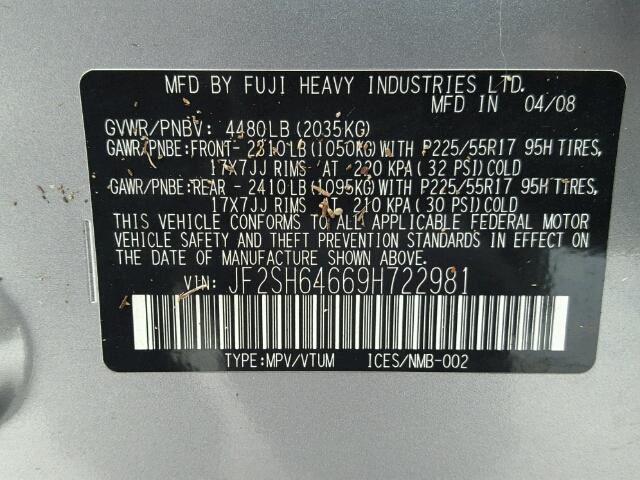 JF2SH64669H722981 - 2009 SUBARU FORESTER 2 GRAY photo 10