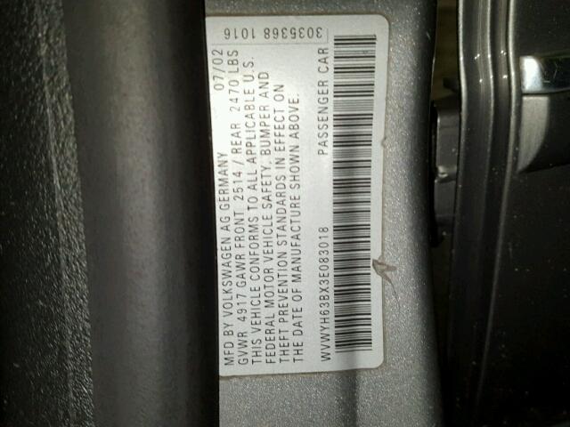 WVWYH63BX3E083018 - 2003 VOLKSWAGEN PASSAT GLX 银色 照片 10