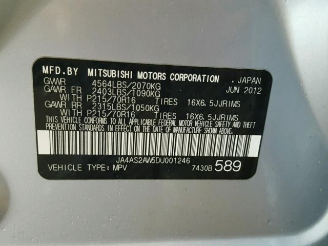 JA4AS2AW5DU001246 - 2013 MITSUBISHI OUTLANDER SILVER photo 10