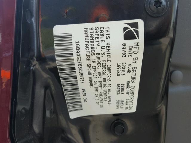 1G8AG52F83Z180756 - 2003 SATURN ION LEVEL RED photo 10