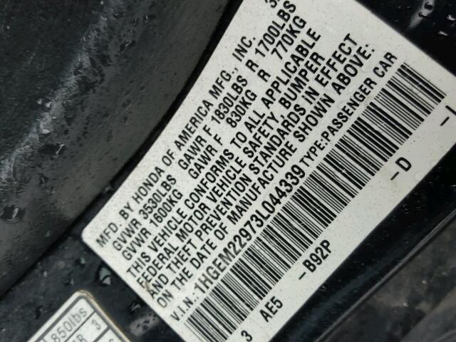 1HGEM22973L044339 - 2003 HONDA CIVIC EX შავი ფოტო 10