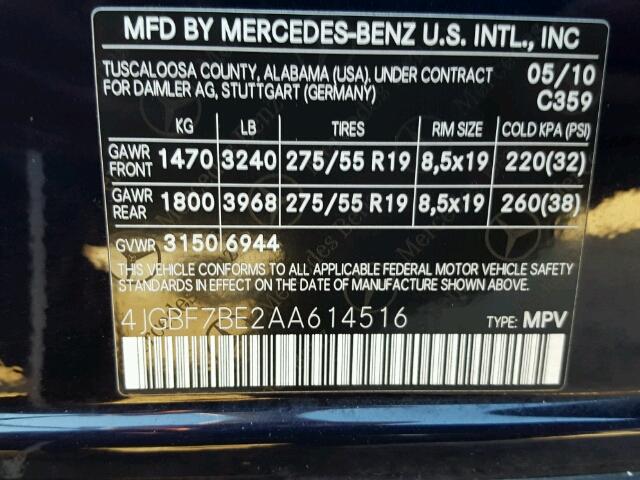 4JGBF7BE2AA614516 - 2010 MERCEDES-BENZ GL BLUE photo 10