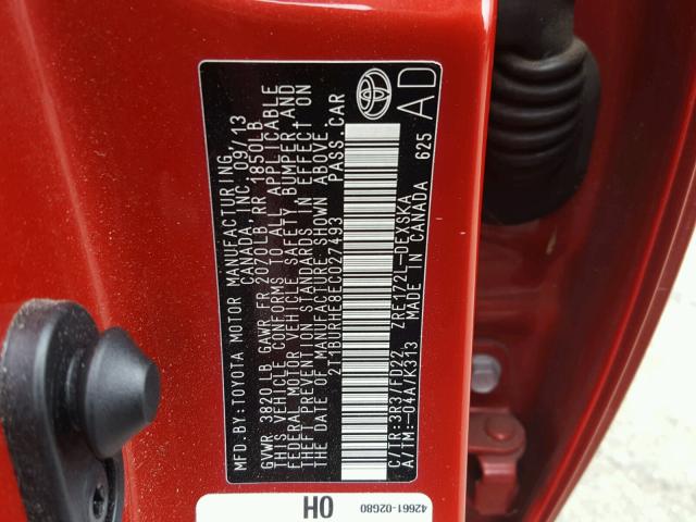 2T1BURHE8EC027493 - 2014 TOYOTA COROLLA L RED photo 10