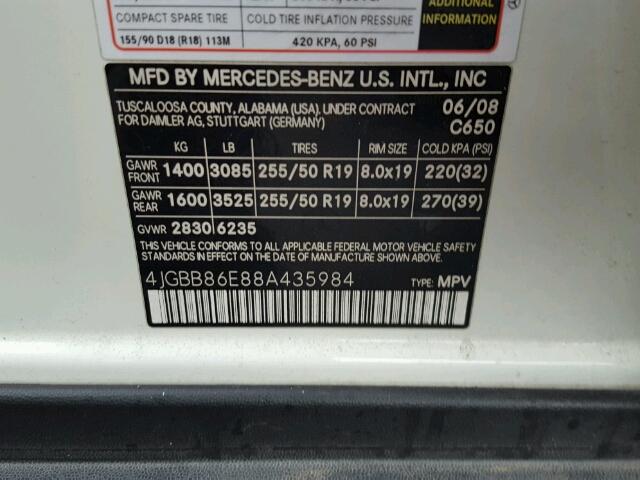 4JGBB86E88A435984 - 2008 MERCEDES-BENZ ML 350 WHITE photo 10