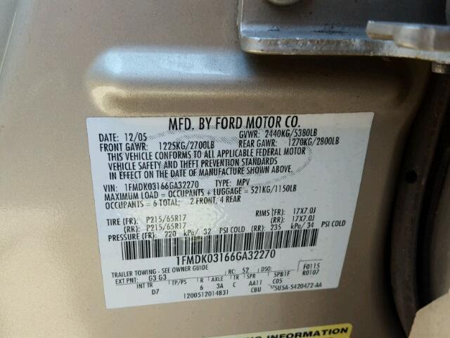 1FMDK03166GA32270 - 2006 FORD FREESTYLE BEIGE photo 10