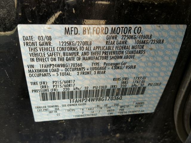 1FAHP24W98G170360 - 2008 FORD TAURUS SEL BLACK photo 10