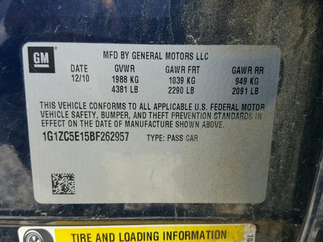 1G1ZC5E15BF262957 - 2011 CHEVROLET MALIBU 1LT 蓝色 照片 10