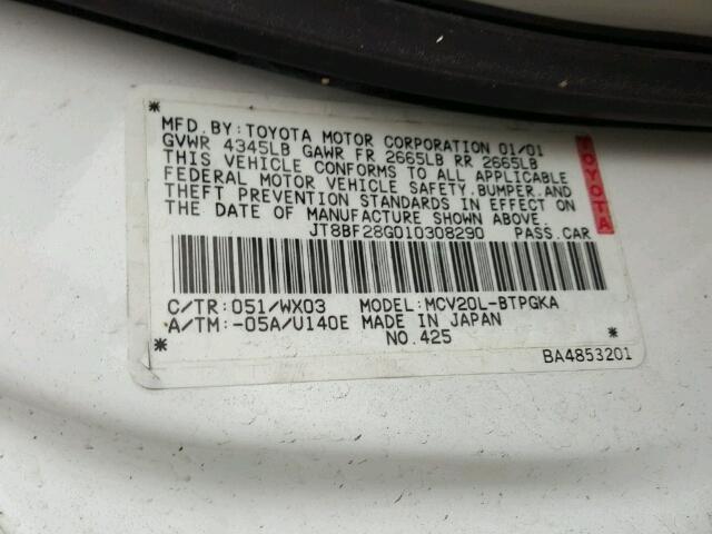 JT8BF28G010308290 - 2001 LEXUS ES 300 WHITE photo 10