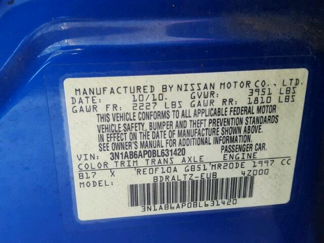 3N1AB6AP0BL631420 - 2011 NISSAN SENTRA BLUE photo 10