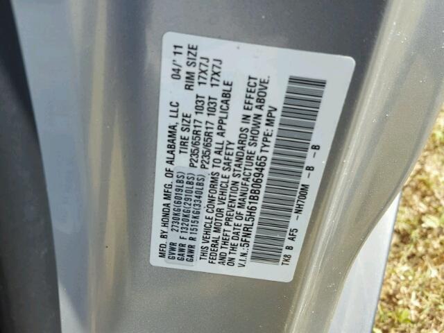 5FNRL5H61BB069465 - 2011 HONDA ODYSSEY SILVER photo 10