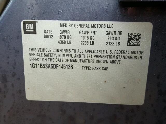 1G11B5SA6DF145136 - 2013 CHEVROLET MALIBU LS ლურჯი ფოტო 10