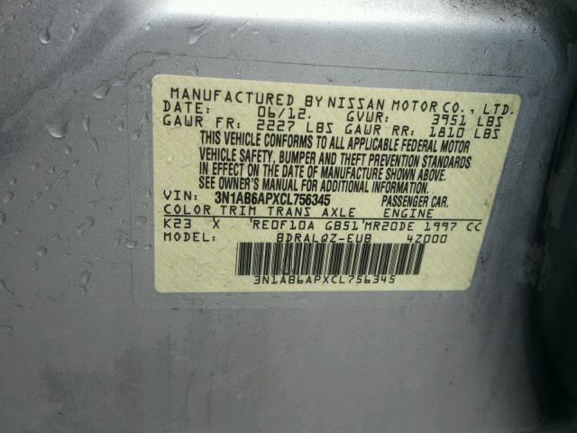 3N1AB6APXCL756345 - 2012 NISSAN SENTRA 2.0 SILVER photo 10