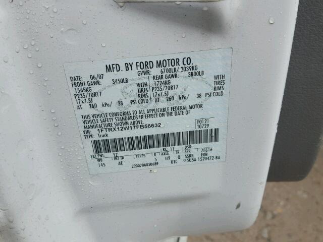 1FTRX12W17FB56632 - 2007 FORD F150 WHITE photo 10