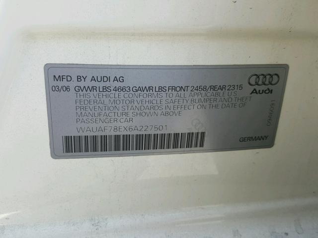 WAUAF78EX6A227501 - 2006 AUDI A4 2 WHITE photo 10