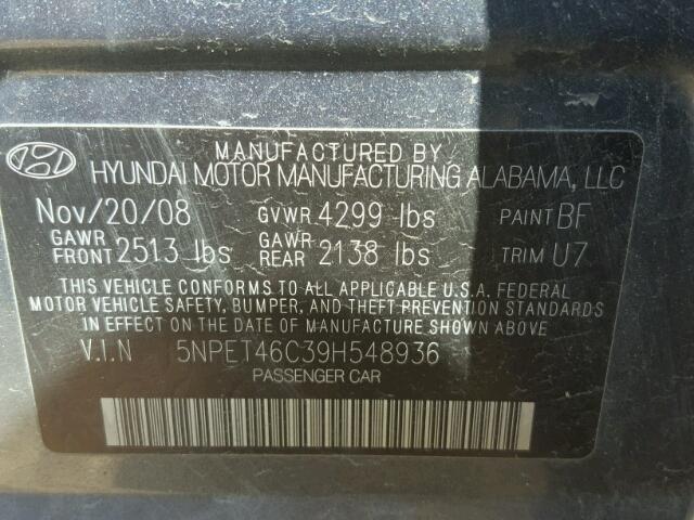 5NPET46C39H548936 - 2009 HYUNDAI SONATA GRAY photo 10