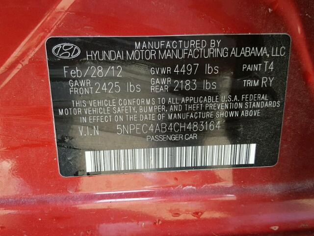 5NPEC4AB4CH483164 - 2012 HYUNDAI SONATA RED photo 10