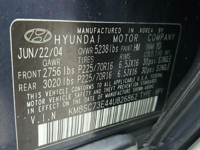 KM8SC73E44U826862 - 2004 HYUNDAI SANTA FE BLUE photo 10