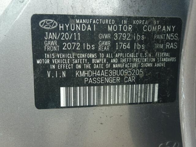 KMHDH4AE3BU095205 - 2011 HYUNDAI ELANTRA GL GRAY photo 10