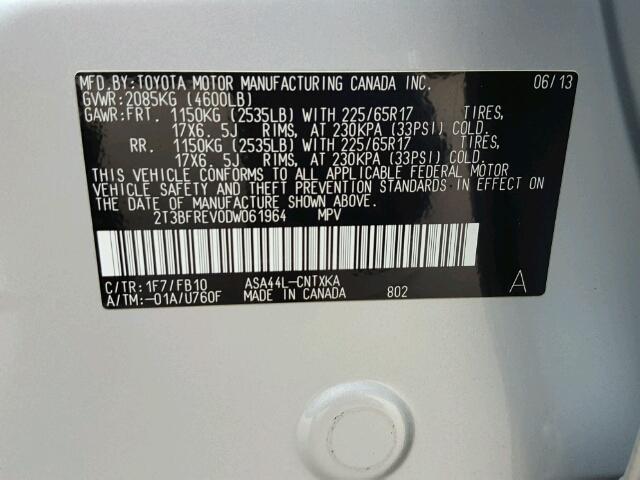 2T3BFREV0DW061964 - 2013 TOYOTA RAV4 LE Gümüş foto 10