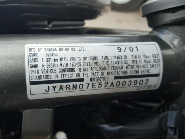 JYARN07E52A003902 - 2002 YAMAHA FZS10 SILVER photo 10