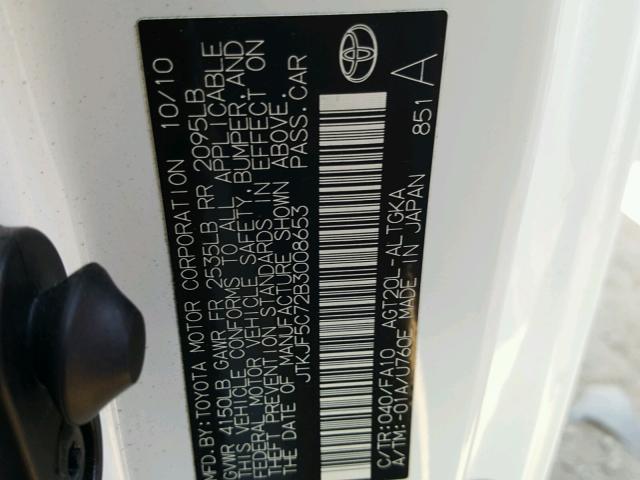 JTKJF5C72B3008653 - 2011 TOYOTA SCION TC 白色 照片 10