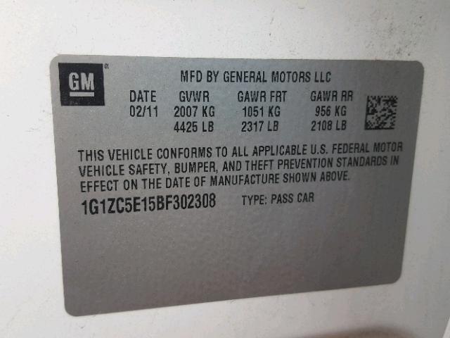 1G1ZC5E15BF302308 - 2011 CHEVROLET MALIBU 1LT თეთრი ფოტო 10