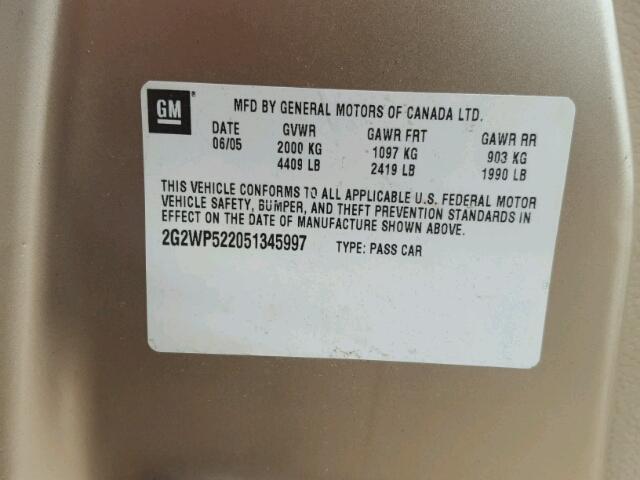 2G2WP522051345997 - 2005 PONTIAC GRAND PRIX Ոսկեգույն լուսանկար 10