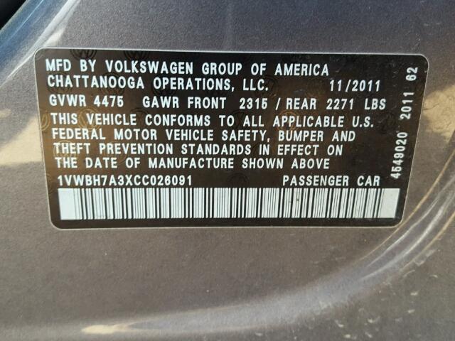 1VWBH7A3XCC026091 - 2012 VOLKSWAGEN PASSAT GRAY photo 10