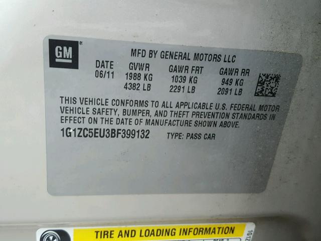 1G1ZC5EU3BF399132 - 2011 CHEVROLET MALIBU 1LT ოქროსფერი ფოტო 10