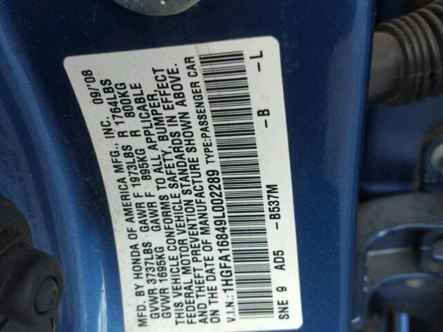 1HGFA16849L002289 - 2009 HONDA CIVIC EX 蓝色 照片 10