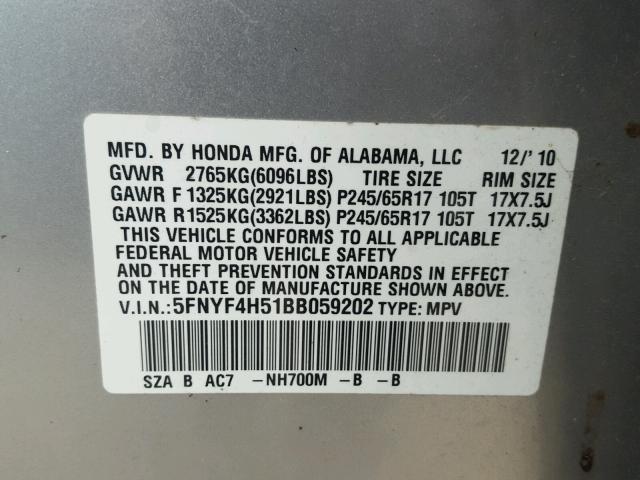 5FNYF4H51BB059202 - 2011 HONDA PILOT EXL SILVER photo 10