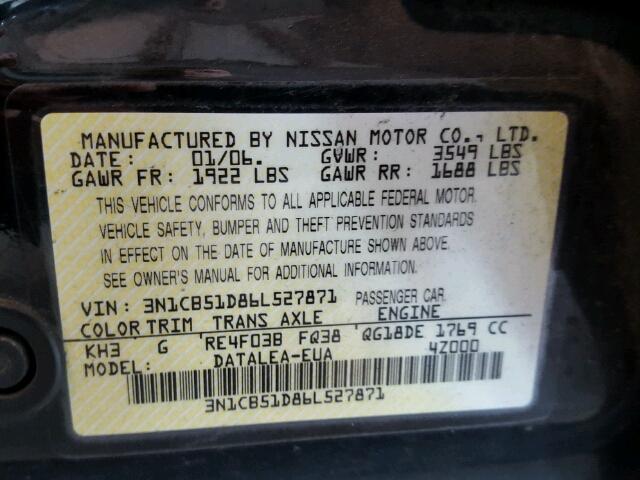 3N1CB51D86L527871 - 2006 NISSAN SENTRA 1.8 BLACK photo 10