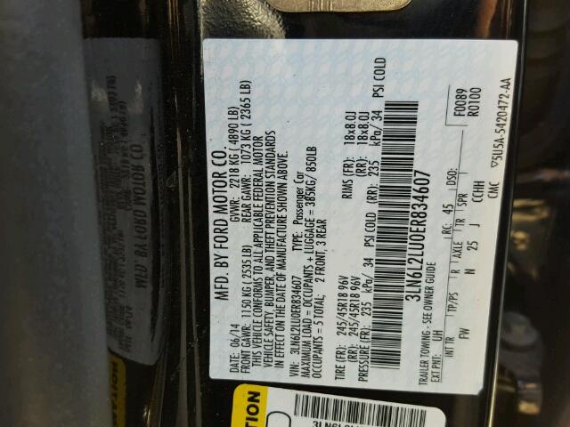 3LN6L2LU0ER834607 - 2014 LINCOLN MKZ HYBRID BLACK photo 10